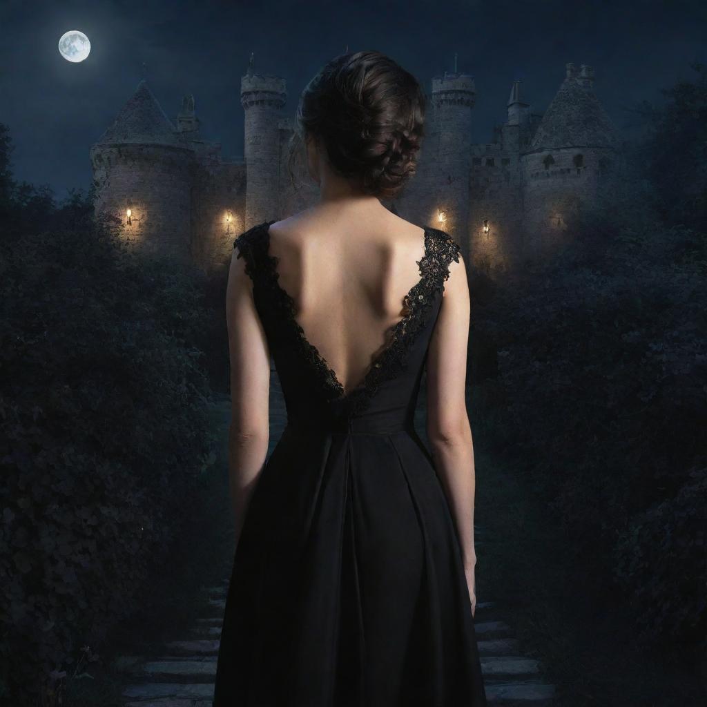 Hyper-realistic digital image of a woman wearing a black dress, facing her back, situated in a castle surrounded by ebony flowers under the enchanting glow of moonlight.