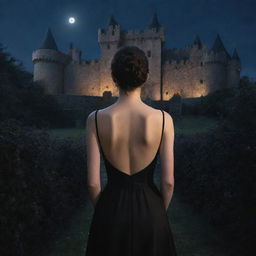 Hyper-realistic digital image of a woman wearing a black dress, facing her back, situated in a castle surrounded by ebony flowers under the enchanting glow of moonlight.