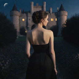 Hyper-realistic digital image of a woman wearing a black dress, facing her back, situated in a castle surrounded by ebony flowers under the enchanting glow of moonlight.