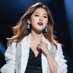 An idealized portrait of a stunningly beautiful K-pop female idol performing on stage, dressed in stylish fashion, radiating energy and charm.