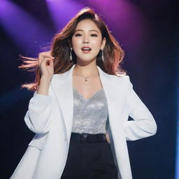 An idealized portrait of a stunningly beautiful K-pop female idol performing on stage, dressed in stylish fashion, radiating energy and charm.