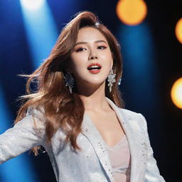 An idealized portrait of a stunningly beautiful K-pop female idol performing on stage, dressed in stylish fashion, radiating energy and charm.