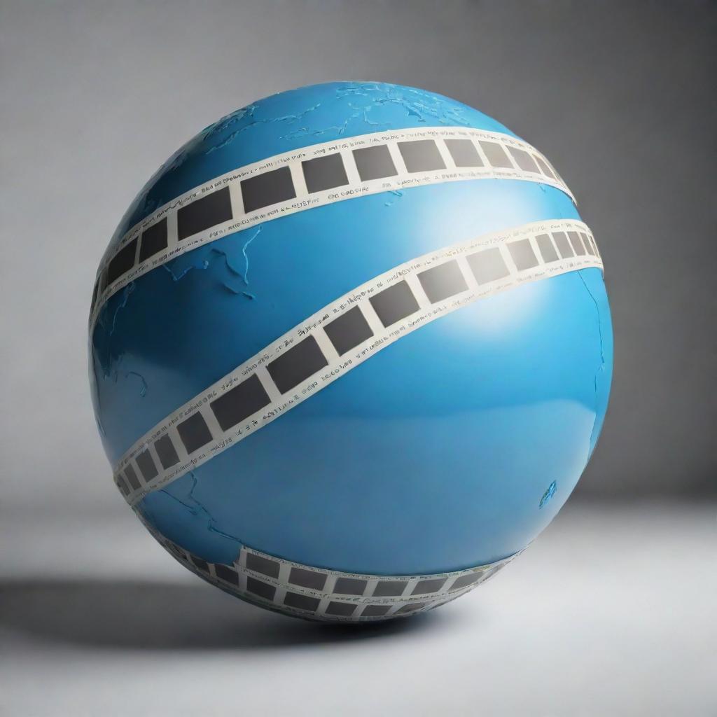 A stylized globe with a film strip wrapping around it conveying a global television concept.