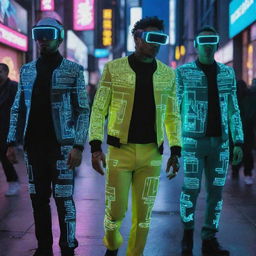 Electropunk citizens wearing high-tech attire pulsating with electricity; neon-lit suits, visors displaying digital data, coats lined with LED circuits, glowing tattoos, living in a city that hums with electric energy.