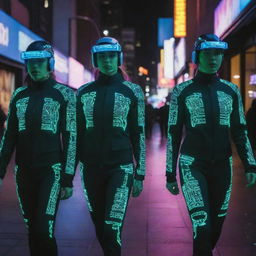 Electropunk citizens wearing high-tech attire pulsating with electricity; neon-lit suits, visors displaying digital data, coats lined with LED circuits, glowing tattoos, living in a city that hums with electric energy.