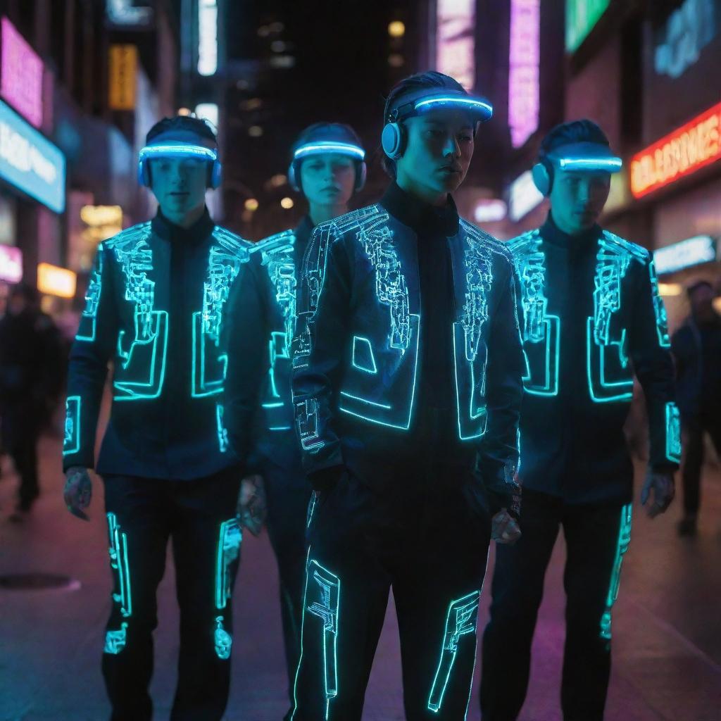 Electropunk citizens wearing high-tech attire pulsating with electricity; neon-lit suits, visors displaying digital data, coats lined with LED circuits, glowing tattoos, living in a city that hums with electric energy.