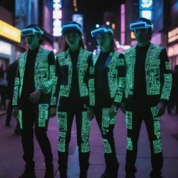 Electropunk citizens wearing high-tech attire pulsating with electricity; neon-lit suits, visors displaying digital data, coats lined with LED circuits, glowing tattoos, living in a city that hums with electric energy.