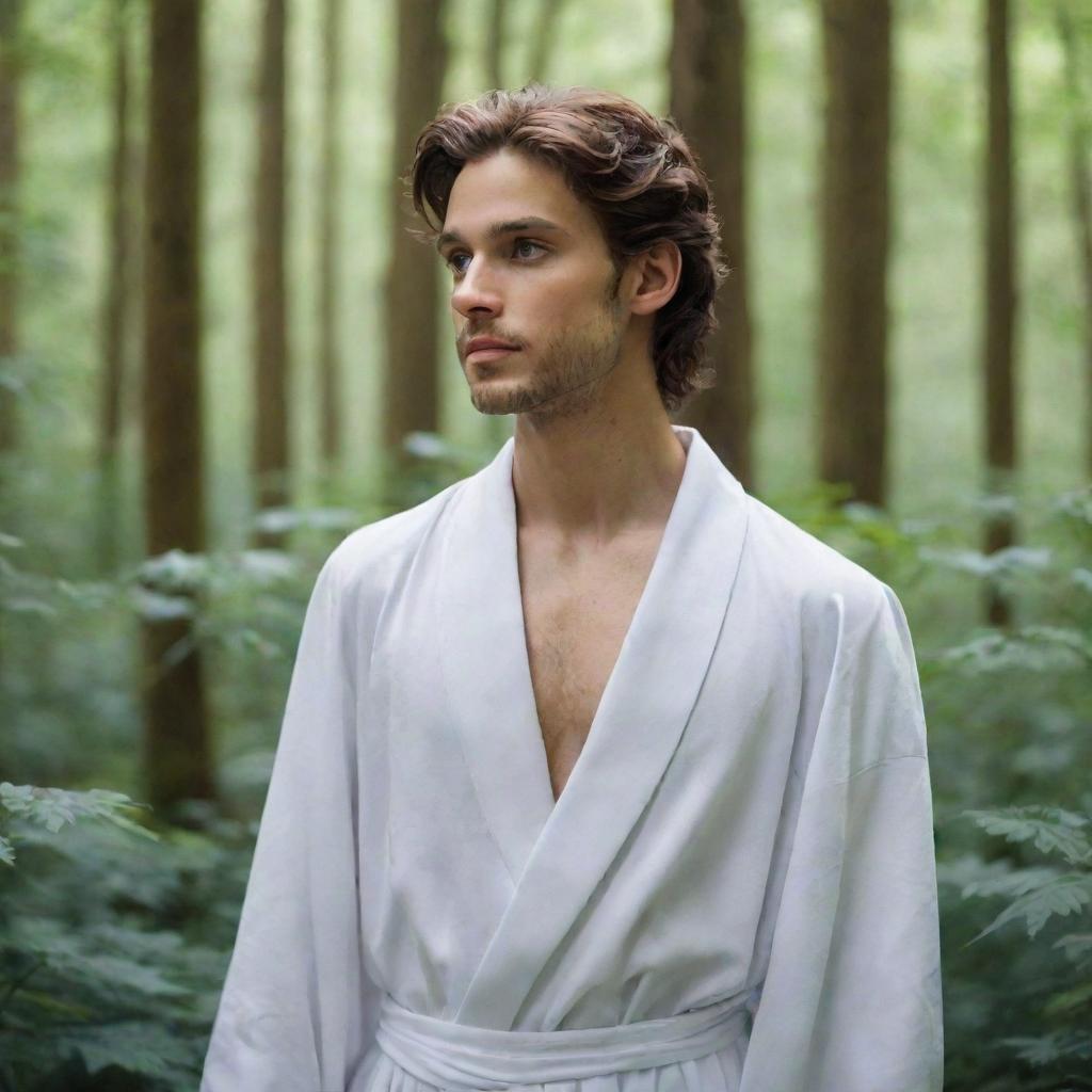 A handsome prince in white robes lost in a beautiful, lush forest