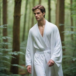 A handsome prince in white robes lost in a beautiful, lush forest