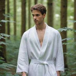 A handsome prince in white robes lost in a beautiful, lush forest