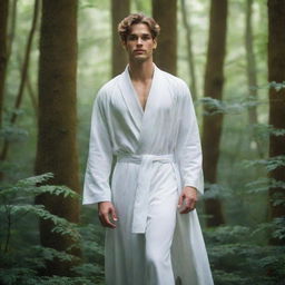 A handsome prince in white robes lost in a beautiful, lush forest