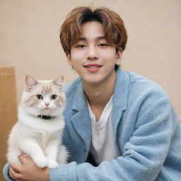 Stray Kids member Bang Chan sitting lightheartedly in a casual setting with a playful, fluffy cat next to him