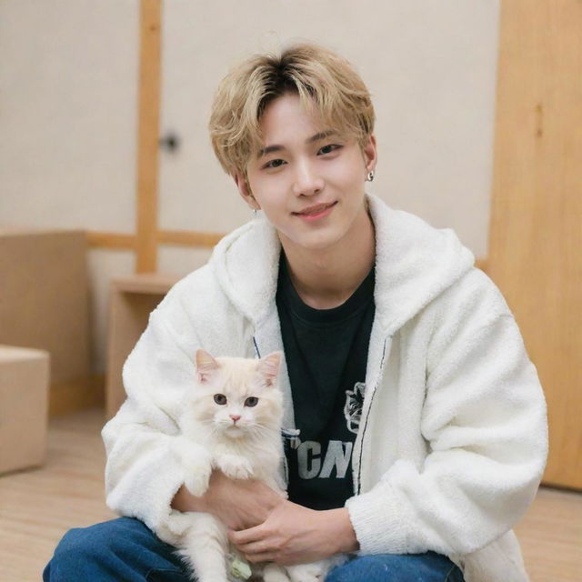 Stray Kids member Bang Chan sitting lightheartedly in a casual setting with a playful, fluffy cat next to him