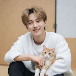 Stray Kids member Bang Chan sitting lightheartedly in a casual setting with a playful, fluffy cat next to him