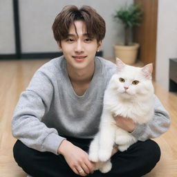 Stray Kids member Bang Chan sitting lightheartedly in a casual setting with a playful, fluffy cat next to him