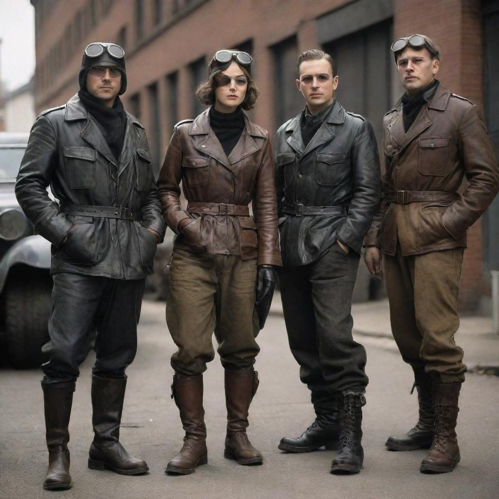 Dieselpunk citizens dressed in robust, utilitarian clothing of the mid-20th century; leather jackets with sturdy boots, aviator goggles, and military inspired attire dusted with soot from a city driven by diesel and machinery.