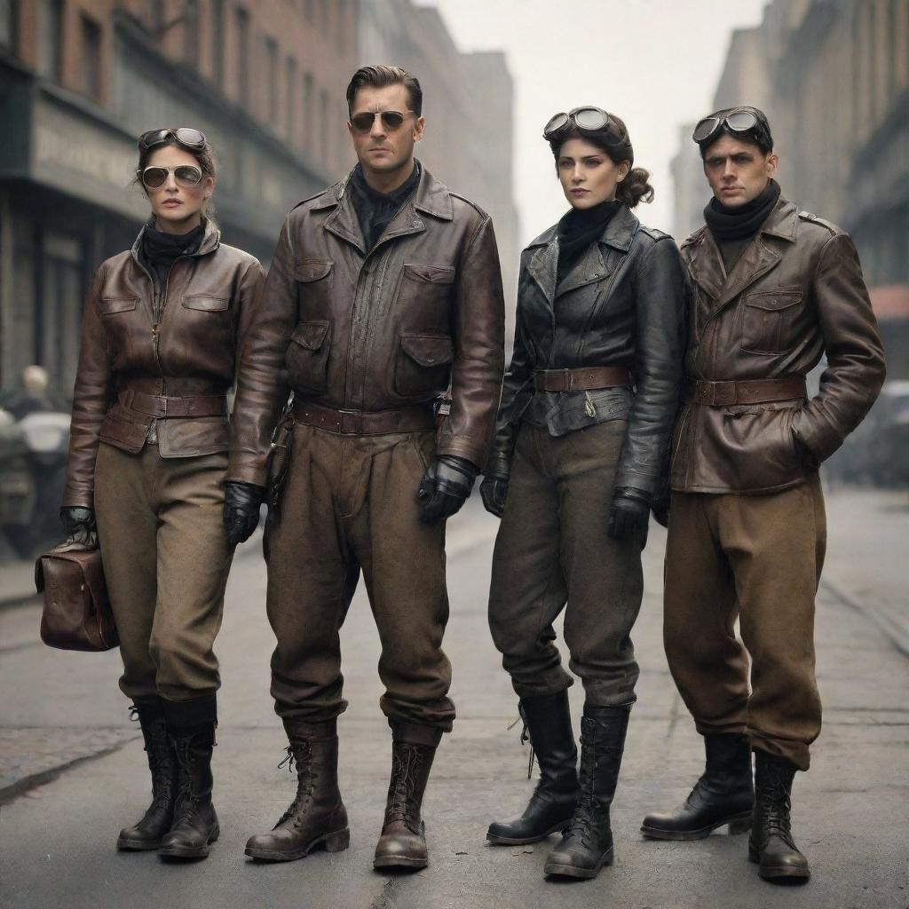 Dieselpunk citizens dressed in robust, utilitarian clothing of the mid-20th century; leather jackets with sturdy boots, aviator goggles, and military inspired attire dusted with soot from a city driven by diesel and machinery.