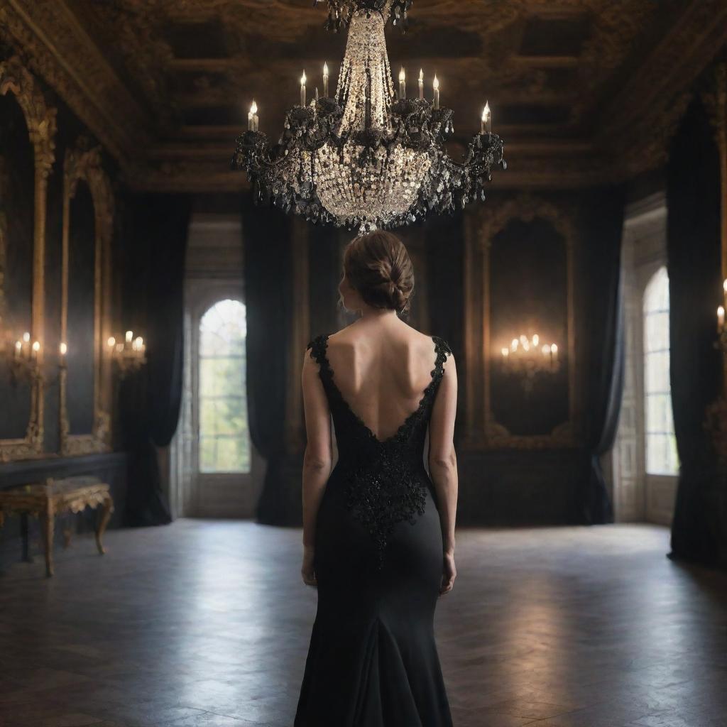 Hyper-realistic digital image of a woman wearing an expensive black dress, facing her back, in a castle filled with black flowers and illuminated by a stunning chandelier.