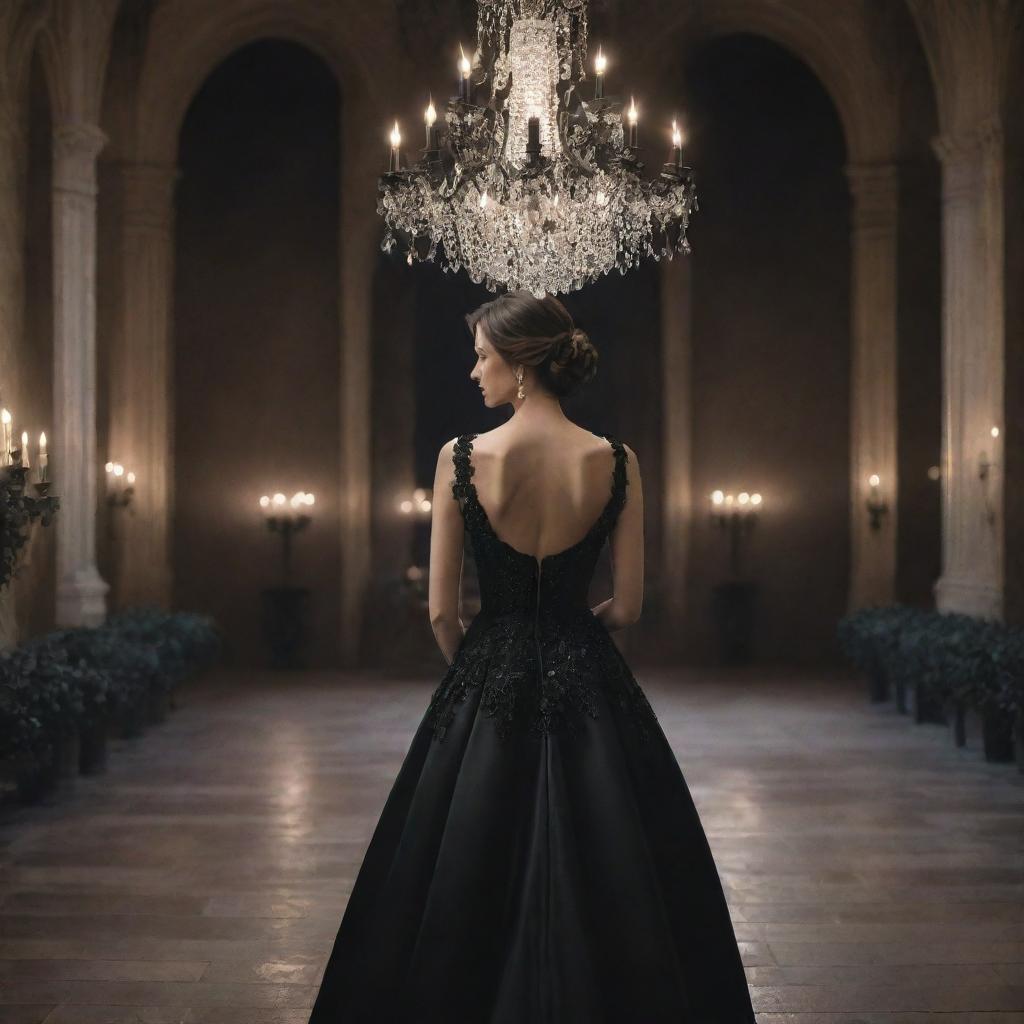 Hyper-realistic digital image of a woman wearing an expensive black dress, facing her back, in a castle filled with black flowers and illuminated by a stunning chandelier.