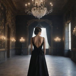 Hyper-realistic digital image of a woman wearing an expensive black dress, facing her back, in a castle filled with black flowers and illuminated by a stunning chandelier.