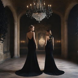 Hyper-realistic digital image of a woman wearing an expensive black dress, facing her back, in a castle filled with black flowers and illuminated by a stunning chandelier.