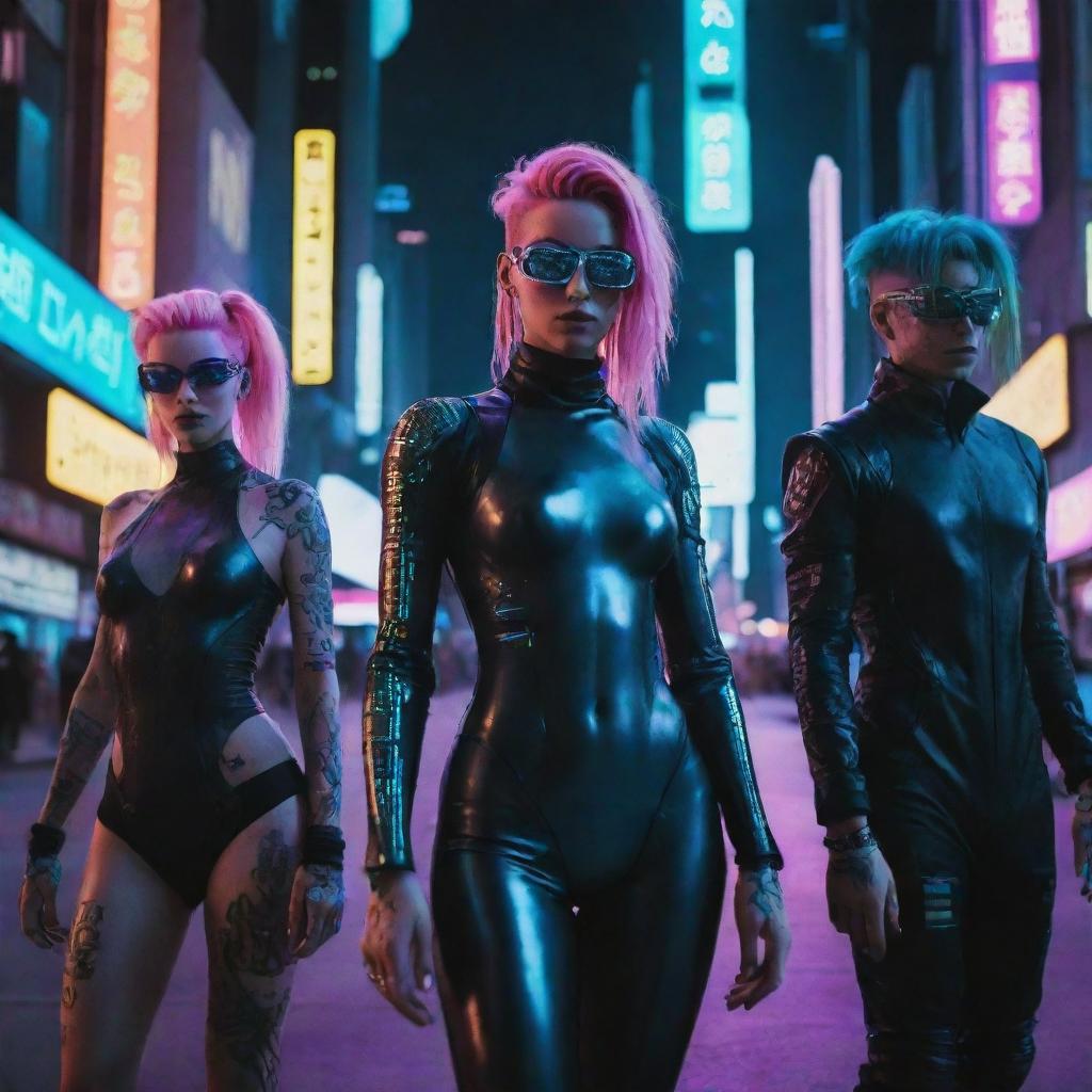 Cyberpunk citizens in futuristic attire; metallic, morphing clothes, augmentations like computerized eyes, neon hair, digital tattoos, navigating through the neon-lit cityscape under the hue of artificially-lit night sky.