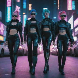 Cyberpunk citizens in futuristic attire; metallic, morphing clothes, augmentations like computerized eyes, neon hair, digital tattoos, navigating through the neon-lit cityscape under the hue of artificially-lit night sky.