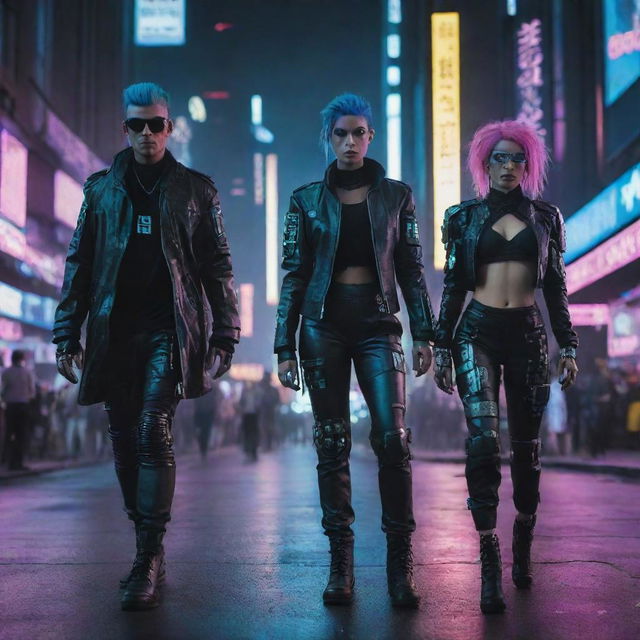 Cyberpunk citizens in futuristic attire; metallic, morphing clothes, augmentations like computerized eyes, neon hair, digital tattoos, navigating through the neon-lit cityscape under the hue of artificially-lit night sky.