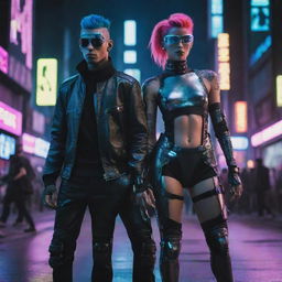 Cyberpunk citizens in futuristic attire; metallic, morphing clothes, augmentations like computerized eyes, neon hair, digital tattoos, navigating through the neon-lit cityscape under the hue of artificially-lit night sky.