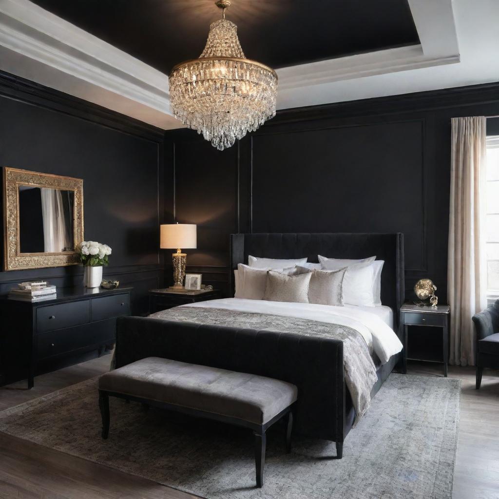 A medium-sized, luxurious bedroom with a stylish aesthetic featuring black walls, high-end furniture, and opulent decor.