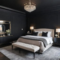 A medium-sized, luxurious bedroom with a stylish aesthetic featuring black walls, high-end furniture, and opulent decor.