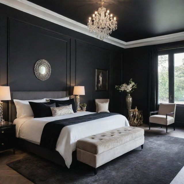 A medium-sized, luxurious bedroom with a stylish aesthetic featuring black walls, high-end furniture, and opulent decor.