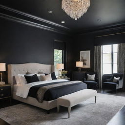 A medium-sized, luxurious bedroom with a stylish aesthetic featuring black walls, high-end furniture, and opulent decor.