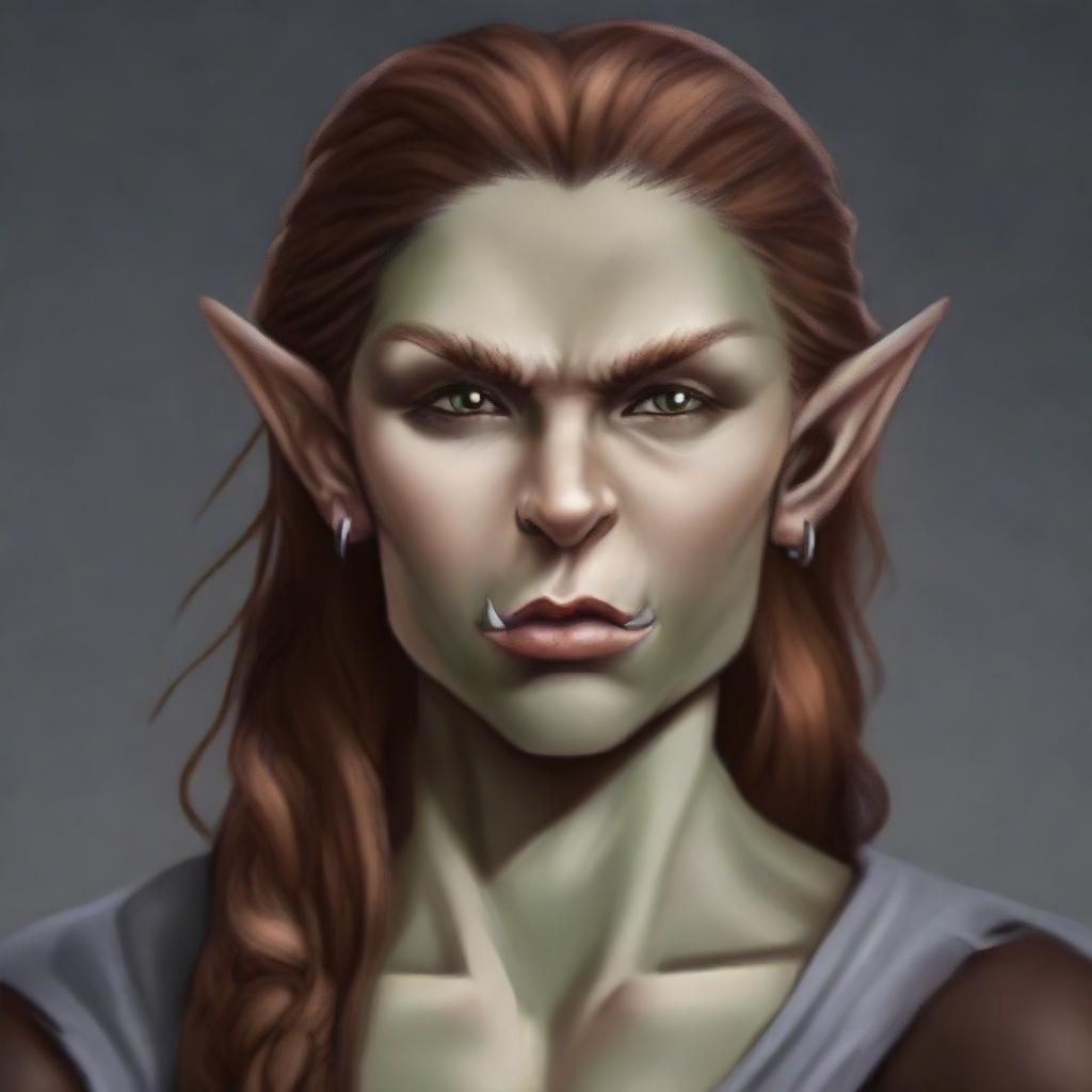 A high-quality digital art depicting a stern-looking half-elf woman