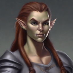 A high-quality digital art depicting a stern-looking half-elf woman