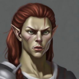 A high-quality digital art depicting a stern-looking half-elf woman