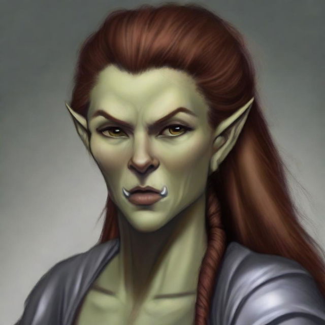 A high-quality digital art depicting a stern-looking half-elf woman