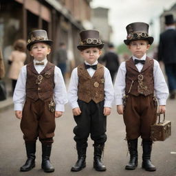 Steampunk children adorably clad in miniaturized Victorian-era attire adorned with tiny gears and brass; petite goggles, small top hats, and corsets, often seen playing with wind-up toys or tiny steam-powered gadgets.