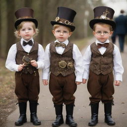 Steampunk children adorably clad in miniaturized Victorian-era attire adorned with tiny gears and brass; petite goggles, small top hats, and corsets, often seen playing with wind-up toys or tiny steam-powered gadgets.