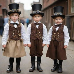 Steampunk children adorably clad in miniaturized Victorian-era attire adorned with tiny gears and brass; petite goggles, small top hats, and corsets, often seen playing with wind-up toys or tiny steam-powered gadgets.