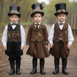 Steampunk children adorably clad in miniaturized Victorian-era attire adorned with tiny gears and brass; petite goggles, small top hats, and corsets, often seen playing with wind-up toys or tiny steam-powered gadgets.