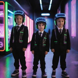 Electropunk children in small-sized, energy-illuminated clothing; little suits with LED lights, visors that access digital play areas, neon backpacks, often seen engaged with high-tech toys emitting sparks of electricity.