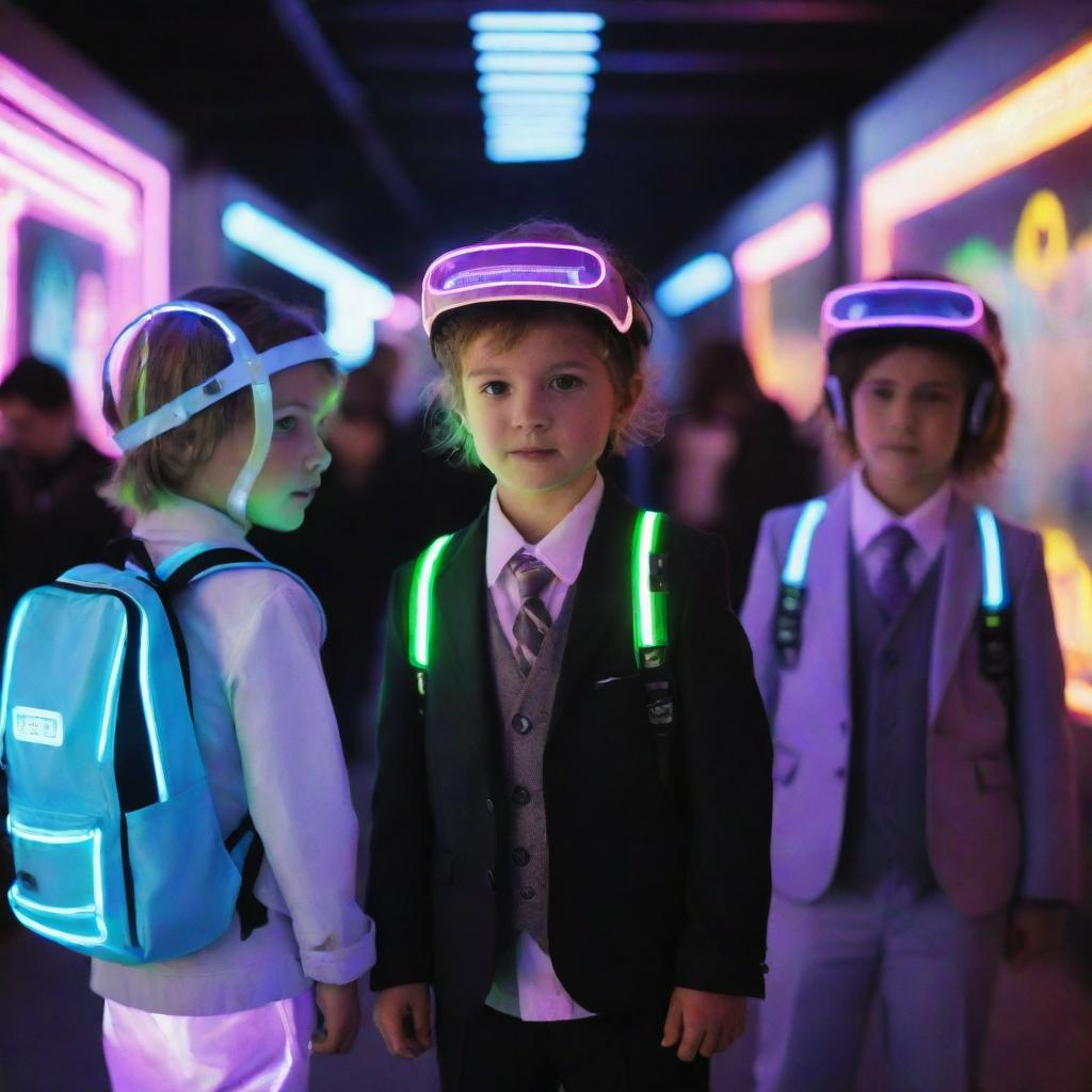 Electropunk children in small-sized, energy-illuminated clothing; little suits with LED lights, visors that access digital play areas, neon backpacks, often seen engaged with high-tech toys emitting sparks of electricity.