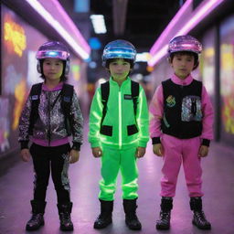 Electropunk children in small-sized, energy-illuminated clothing; little suits with LED lights, visors that access digital play areas, neon backpacks, often seen engaged with high-tech toys emitting sparks of electricity.