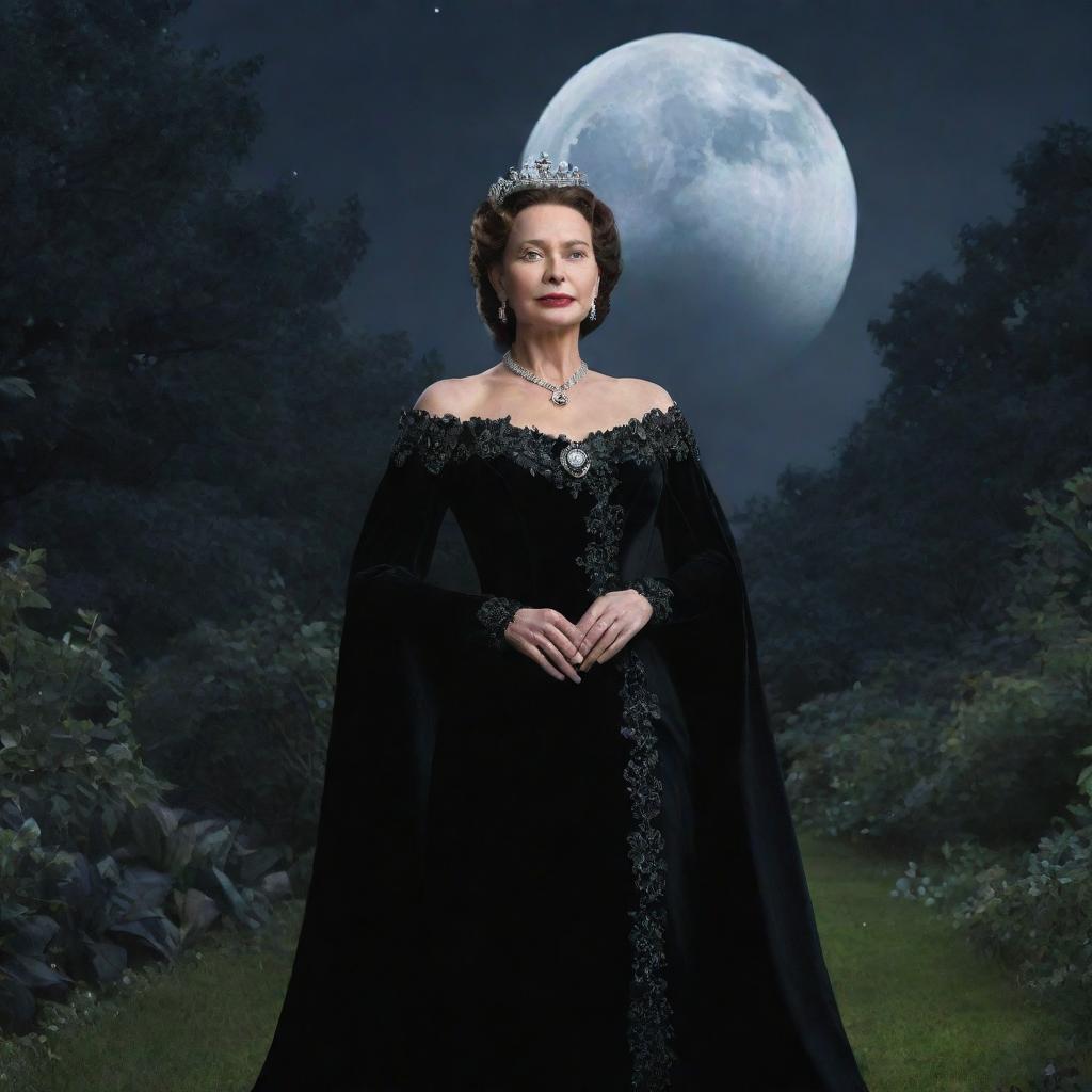 Hyper-realistic digital image of a queen donned in an expensive black gown and makeup, standing in a garden brimming with black flowers, all under a luminous moon.