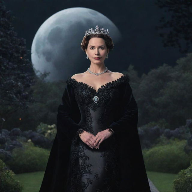 Hyper-realistic digital image of a queen donned in an expensive black gown and makeup, standing in a garden brimming with black flowers, all under a luminous moon.