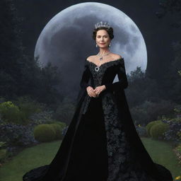 Hyper-realistic digital image of a queen donned in an expensive black gown and makeup, standing in a garden brimming with black flowers, all under a luminous moon.