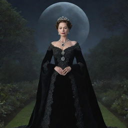 Hyper-realistic digital image of a queen donned in an expensive black gown and makeup, standing in a garden brimming with black flowers, all under a luminous moon.