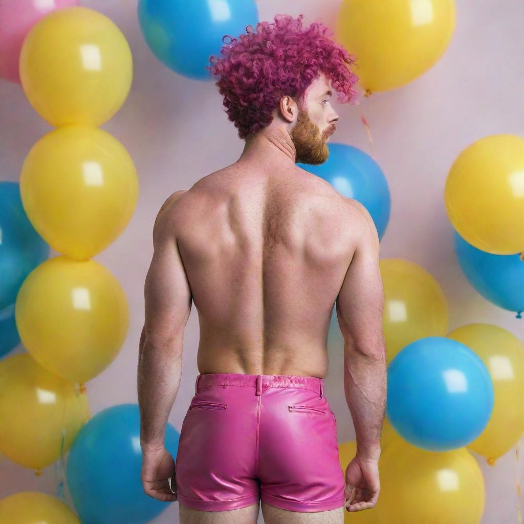 Hyperrealistic image of a muscular male model in his 20s with freckles, magenta curly pompadour hair, magenta Garibaldi beard, and blue eyes. He's wearing skinny pink leather shorts, looking back, seen from the back, surrounded by yellow and blue balloons.