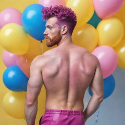 Hyperrealistic image of a muscular male model in his 20s with freckles, magenta curly pompadour hair, magenta Garibaldi beard, and blue eyes. He's wearing skinny pink leather shorts, looking back, seen from the back, surrounded by yellow and blue balloons.